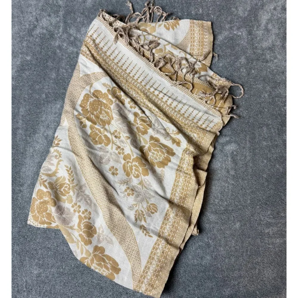 Vintage Beige Cream Floral Jacquard Fringe Scarf Shawl Wrap Boho Elegant